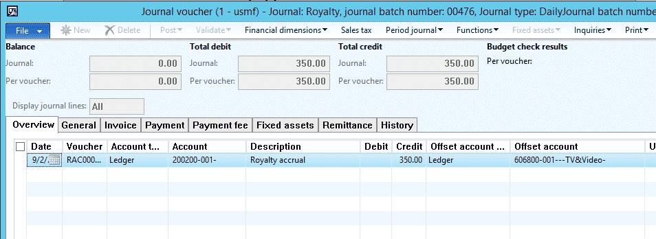 Journal voucher screenshot in dynamics ax