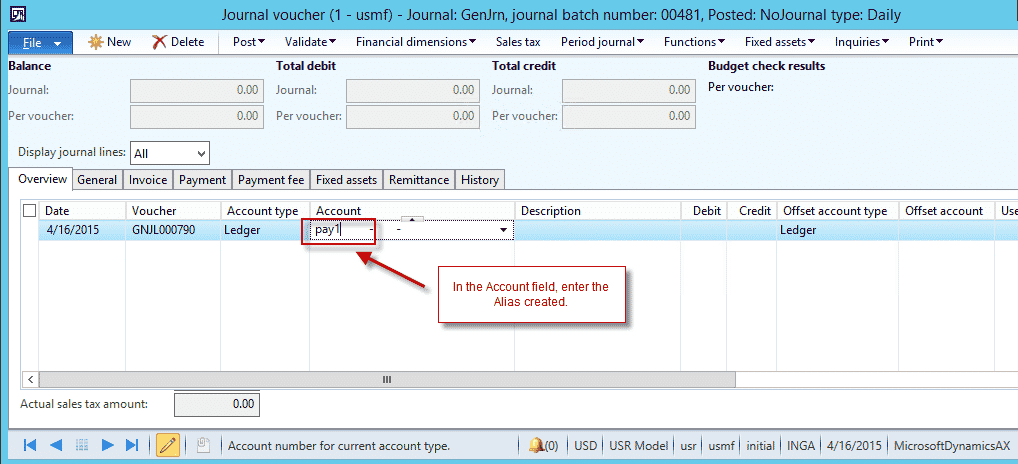 Journal voucher in Dynamics ax Screenshot