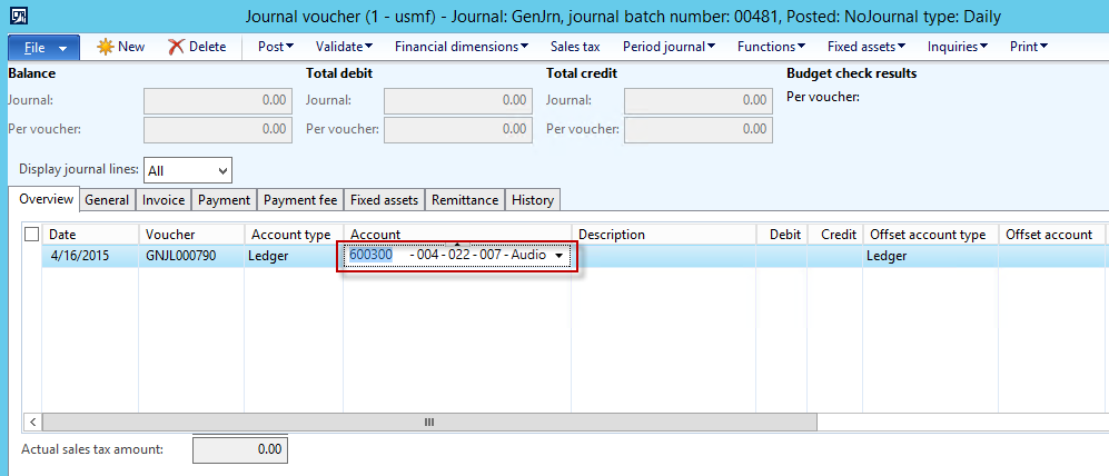 Journal voucher in Dynamics ax Screenshot