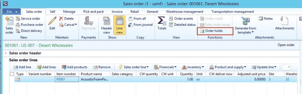 Screenshoot in Dynamics AX