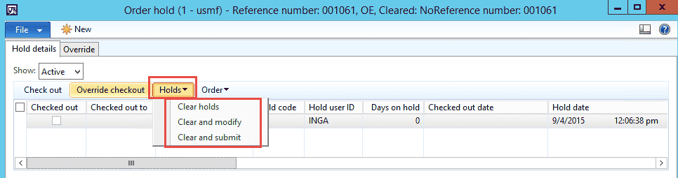Order hold screenshoot in Dynamics AX