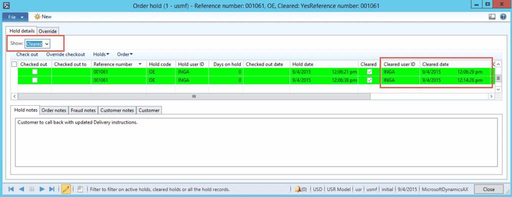 Order hold screenshoot in Dynamics AX