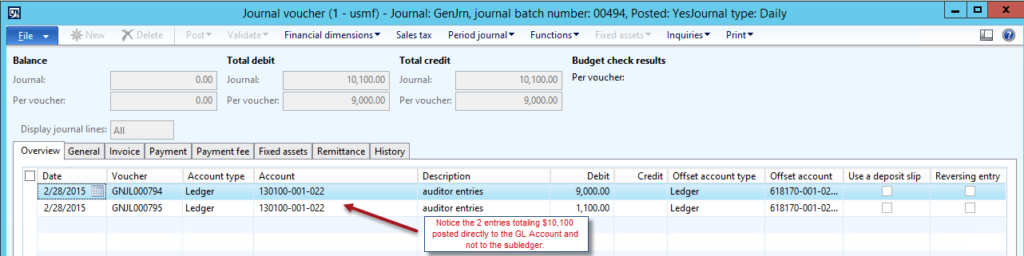 Journal entry with the entries causing the 10100 00 discrepancy.