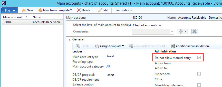 Figure 7 – Mark the ‘Do not allow manual entry’ checkbox on the ledger account to prevent posting directly to the AR ledger account.