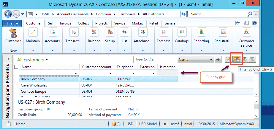 Microsoft Dynamics AX all customers filtered grid view