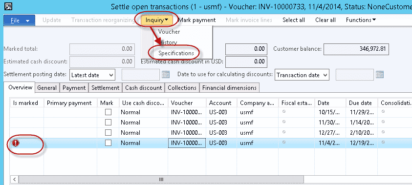 Settle open transaction inquiry button in Microsoft Dynamics 365