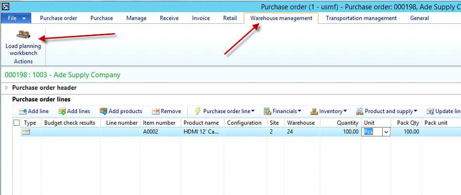 Purchase order view in Microsoft Dynamics 365