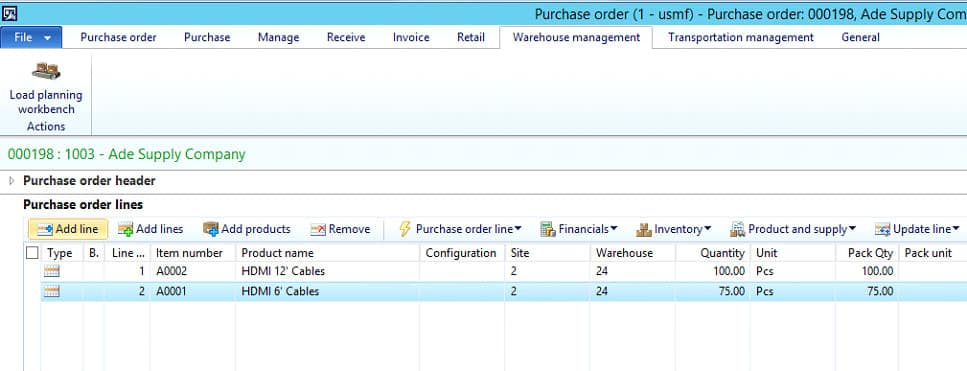 Purchase order view in Microsoft Dynamics 365