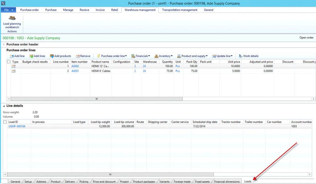 Purchase order view in Microsoft Dynamics 365