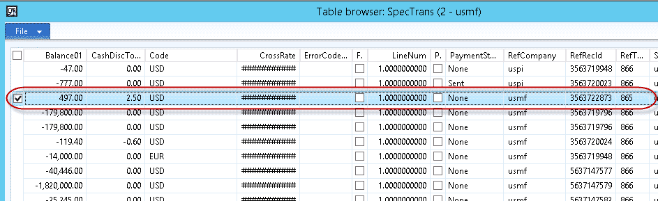 Table browser SpecTrans in Microsoft Dynamics 365