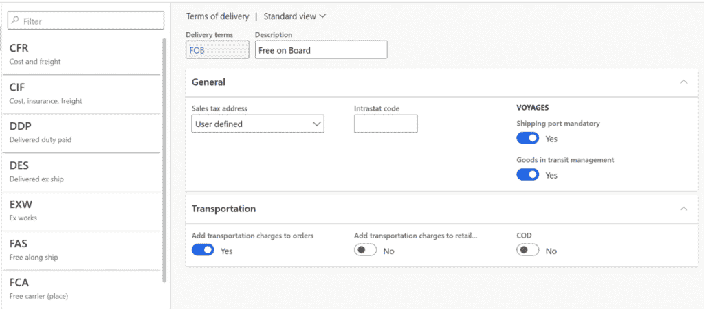 terms of delivery inside dynamics 365 landed cost