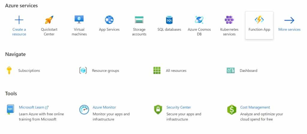 Screenshot showing the different capabilities available in the Azure Portal