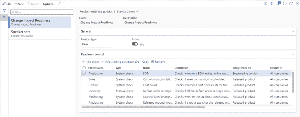 Product readiness check examples in the engineering change management add-in