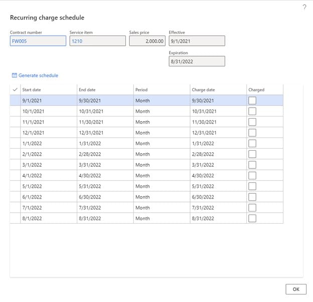 Recurring charge schedule for billing in Dynamics 365 Finance and Supply Chain