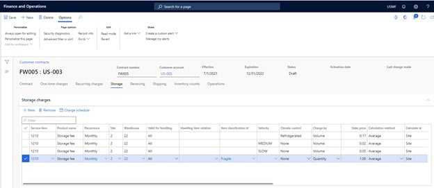 Storage charges for items in Dynamics 365