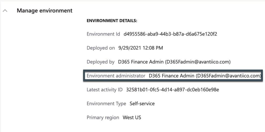 Environment Administrator Details Finance and Operations