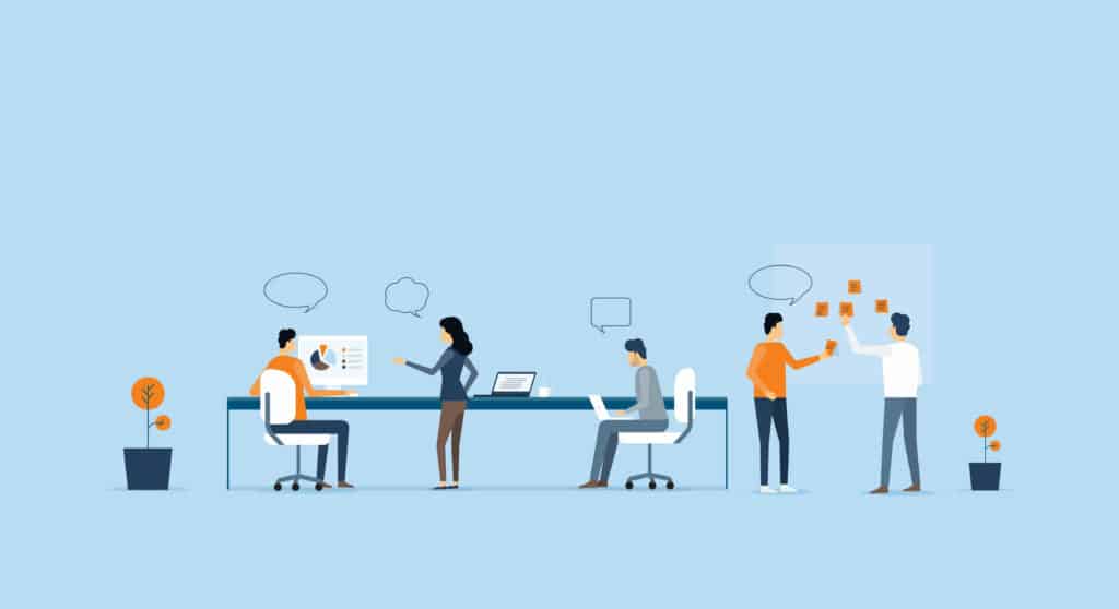 cartoon people working together in an office setting