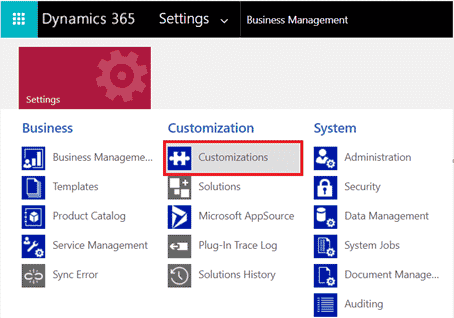 Customization menu Dynamics 365