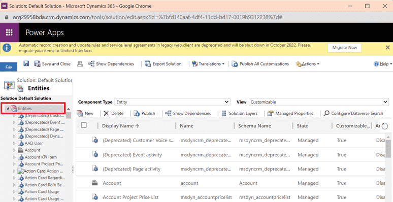 Entities in Solution explorer