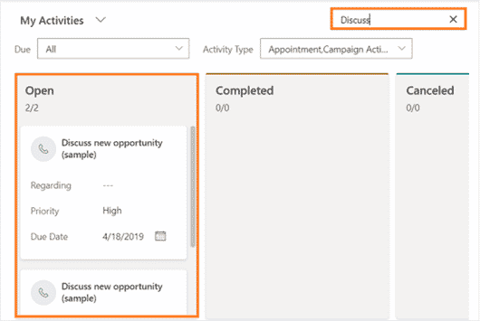 Search box in activities Kanban view
