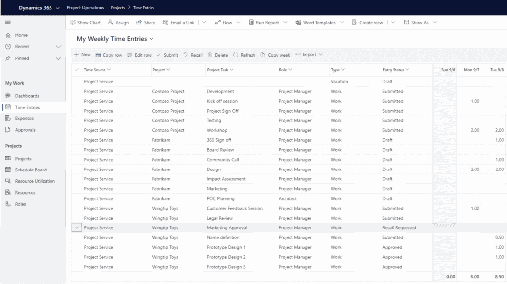 Dynamics 265 Project Operations Time Entry Dashboard