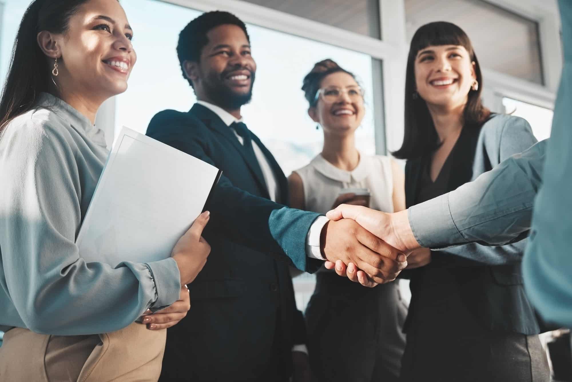 Handshake, people partnership and business diversity, collaboration or b2b welcome, thank you or me