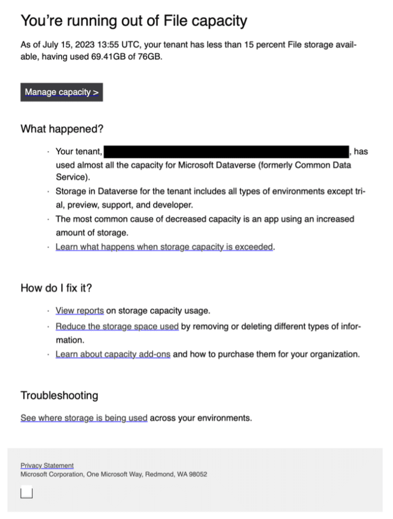 The Microsoft Dynamics 365 database exceeding Capacity warning