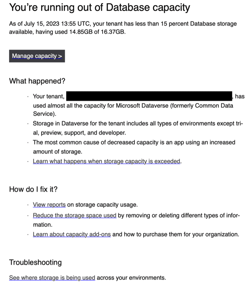 The Microsoft Dynamics 365 database exceeding Capacity warning