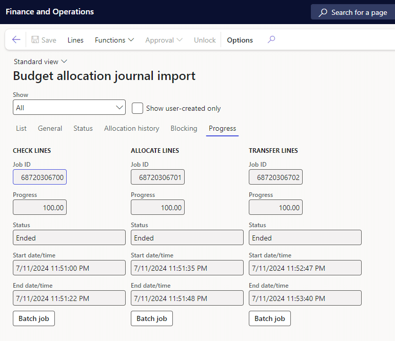 Budget allocation journal import in AMCS