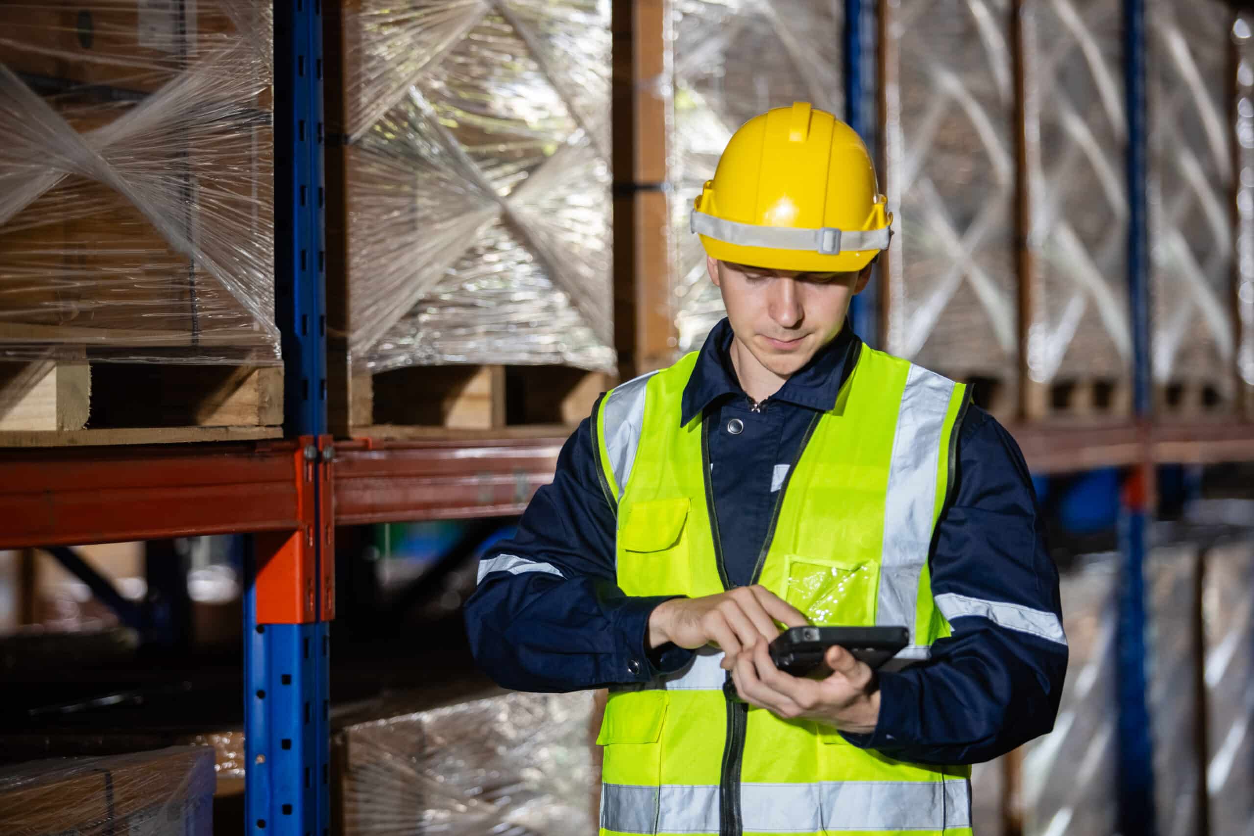 Male professional worker wearing safety uniform and hard hat using digital tablet inspect product on shelves in warehouse. Man worker check stock inspecting in storage logistic factory.