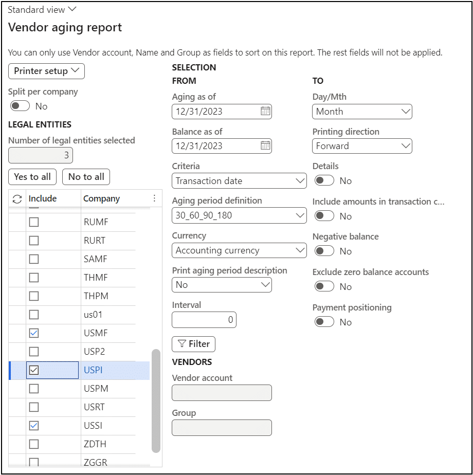 Microsoft Dynamics 365 Finance Multi-Company Automation Solution Vendor Aging Report for multiple entities multi company reporting
