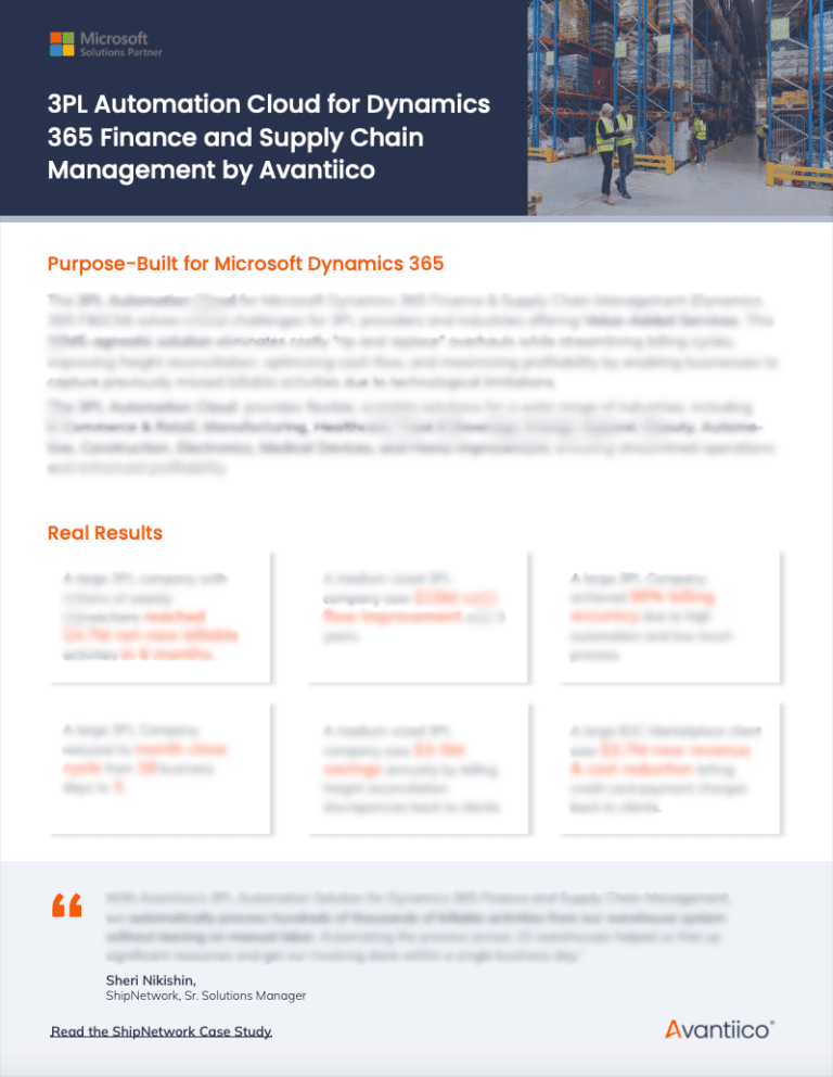 3PL Automation Cloud One Pager - 3PL Billing Automation for Dynamics 365 Finance and Supply Chain Management - D365 FSCM Billing Automation - D365 FO 3PL Automation